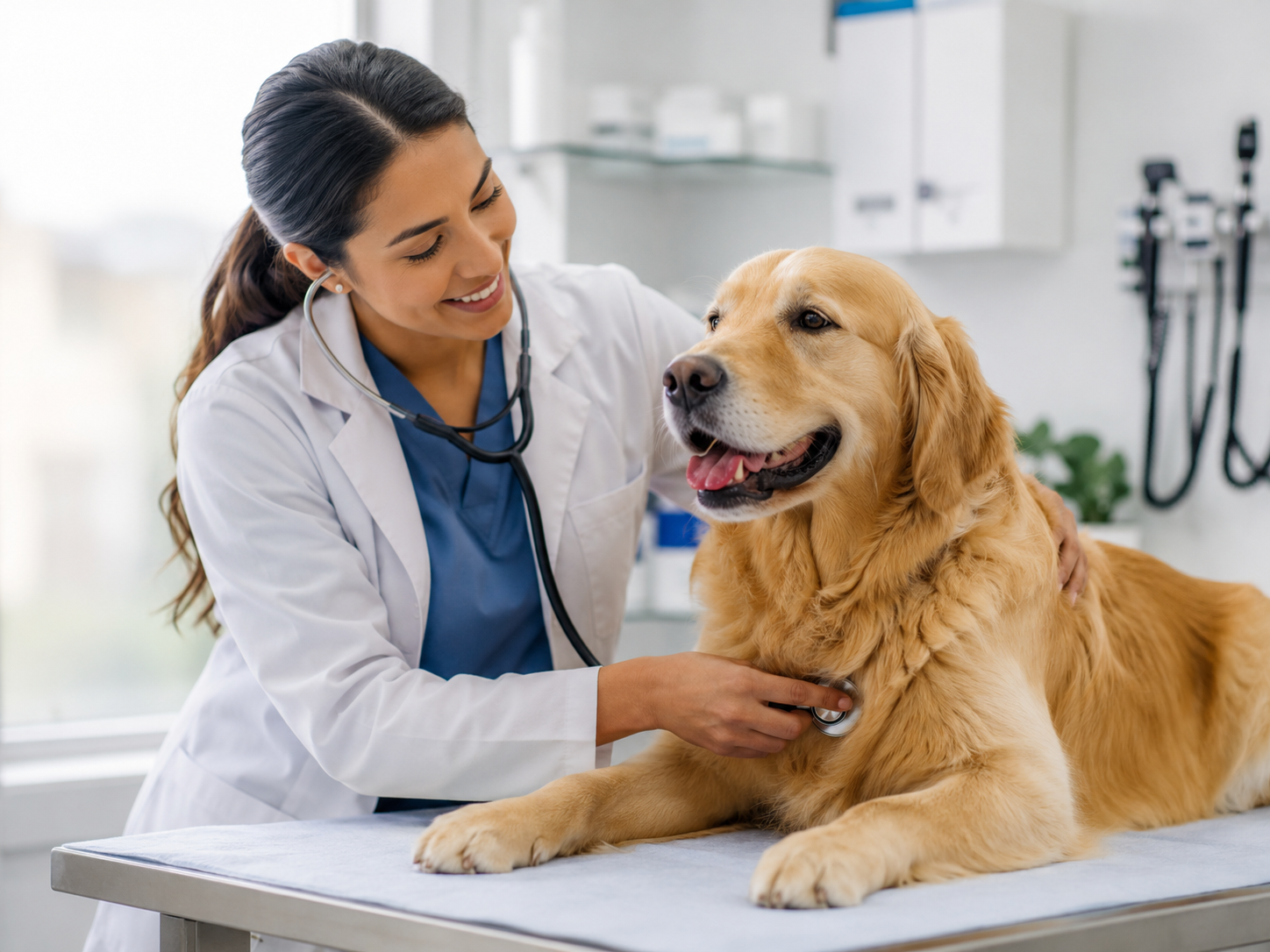 Veterinaria atendiendo a un perro